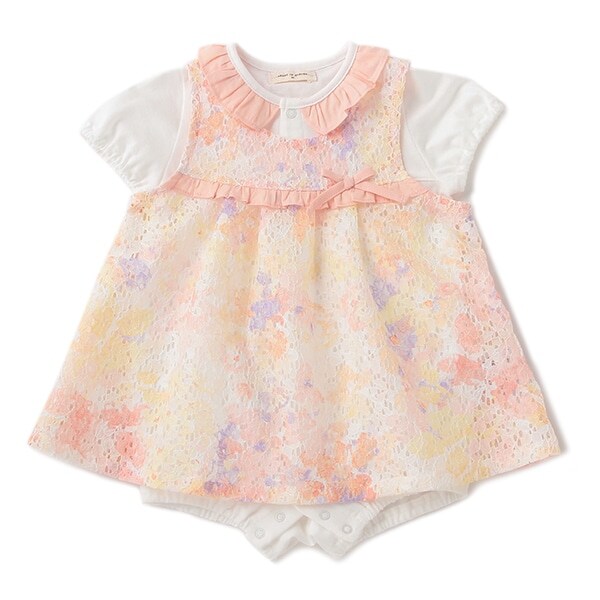 オーガニックコットン フラワーレースエプロン付きショートオール【日本製】