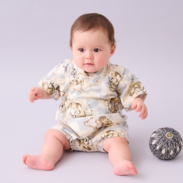 甚平オール(市松風神雷神柄)