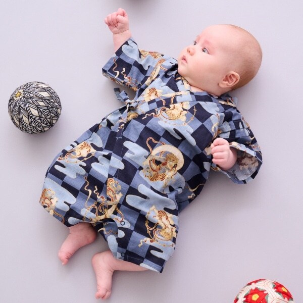 甚平オール(市松風神雷神柄)