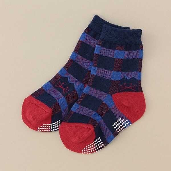チェックねこクルーソックス 【日本製】