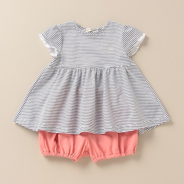 マリンボーダー袖フリルベビースーツ【日本製】