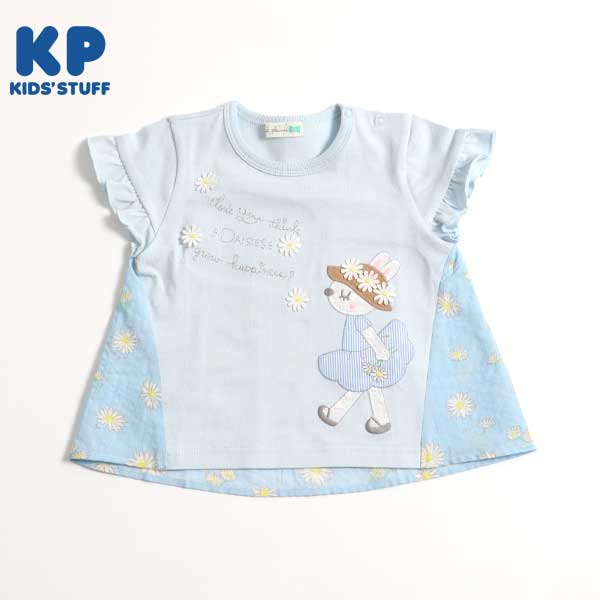 うさぎアップリケのデイジー柄切り替え半袖Tシャツ(90)
