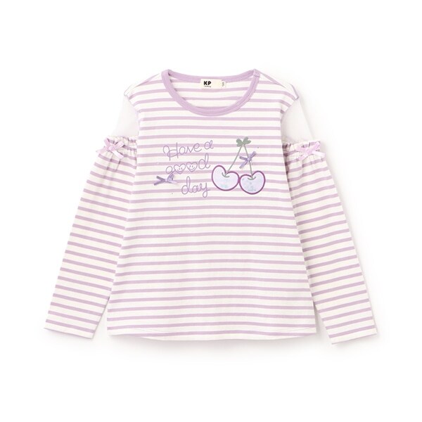肩チュールボーダー長袖Tシャツ