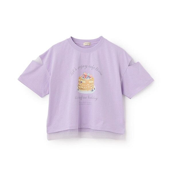 パンケーキプリント肩開き半袖Tシャツ