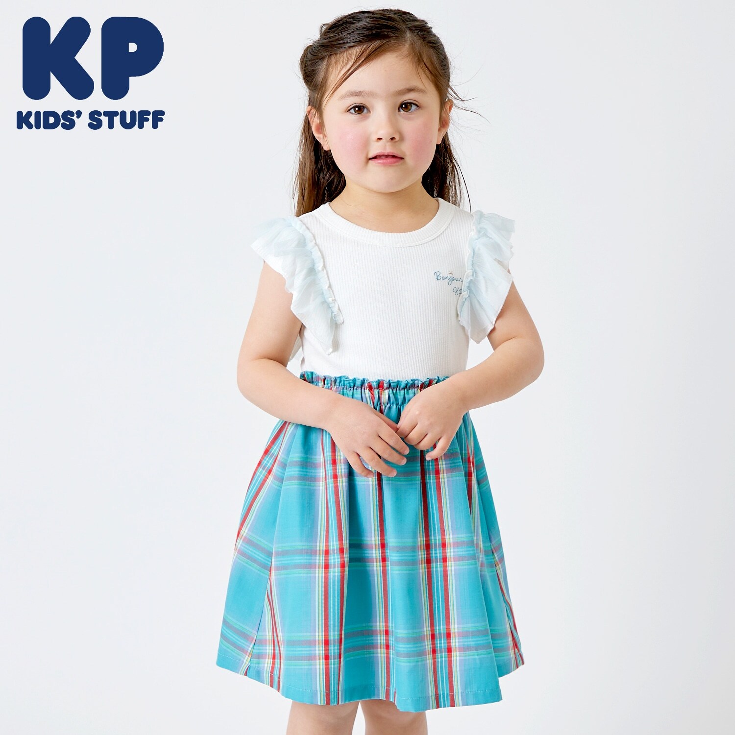 チェックドッキング　袖フリルワンピース