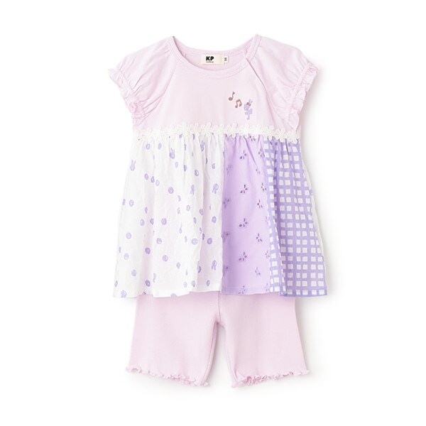 ローンプリント＆レース 縦接ぎチュニックセット