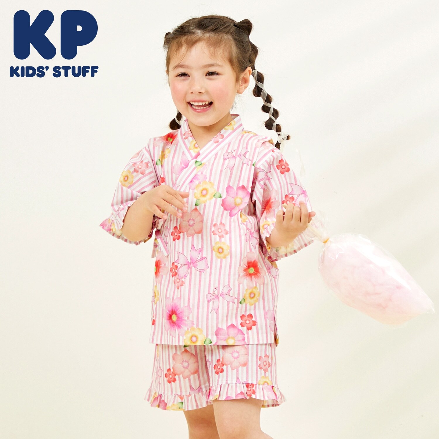 甚平 ストライプ×花リボン柄