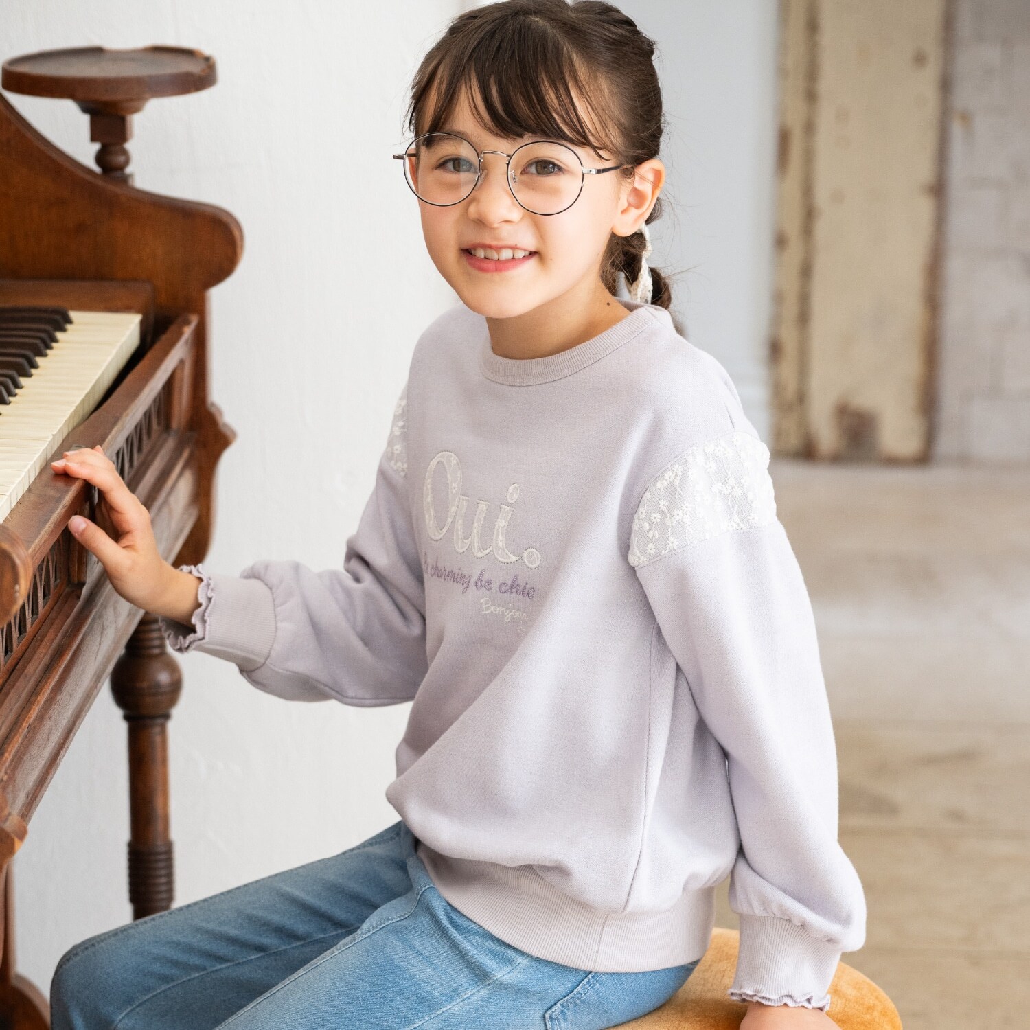 ラメ裏毛　ポイントレース トレーナー