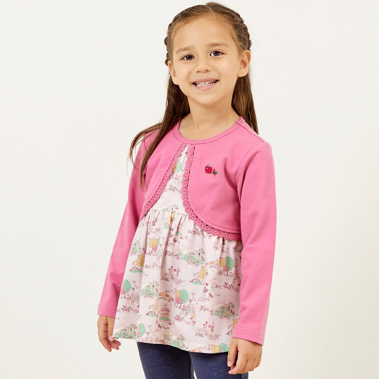 秋の街並柄 カーディガンレイヤード風チュニック