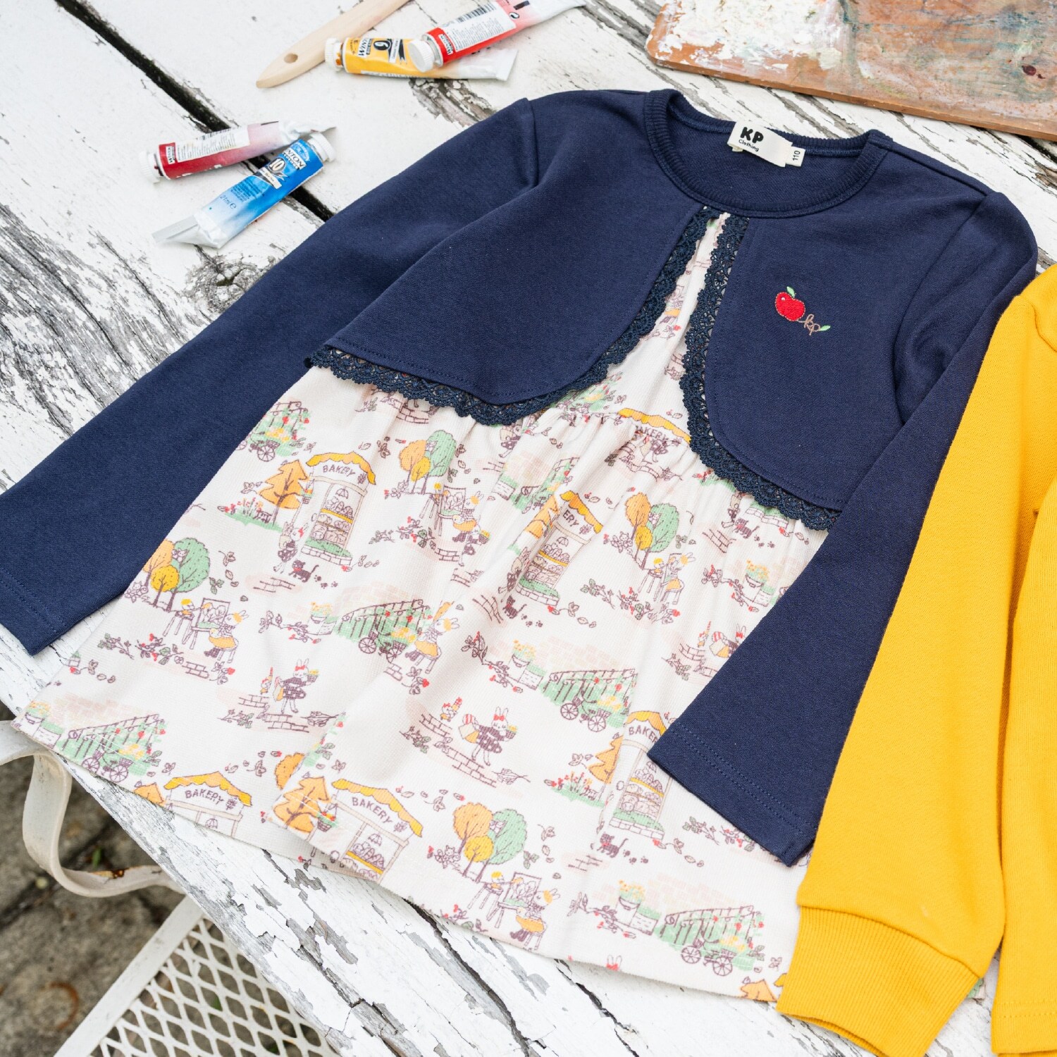 秋の街並柄 カーディガンレイヤード風チュニック