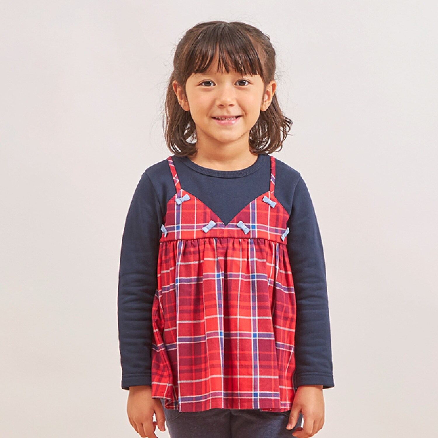 ヘリンボンチェック×裏毛 レイヤード風トレーナー