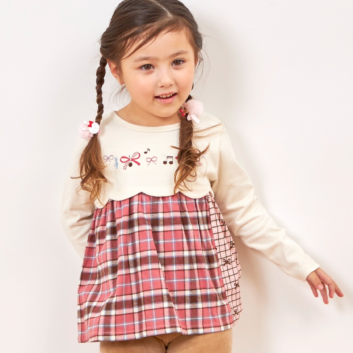 リボン×チェック スカラップ切り替え 長袖チュニック