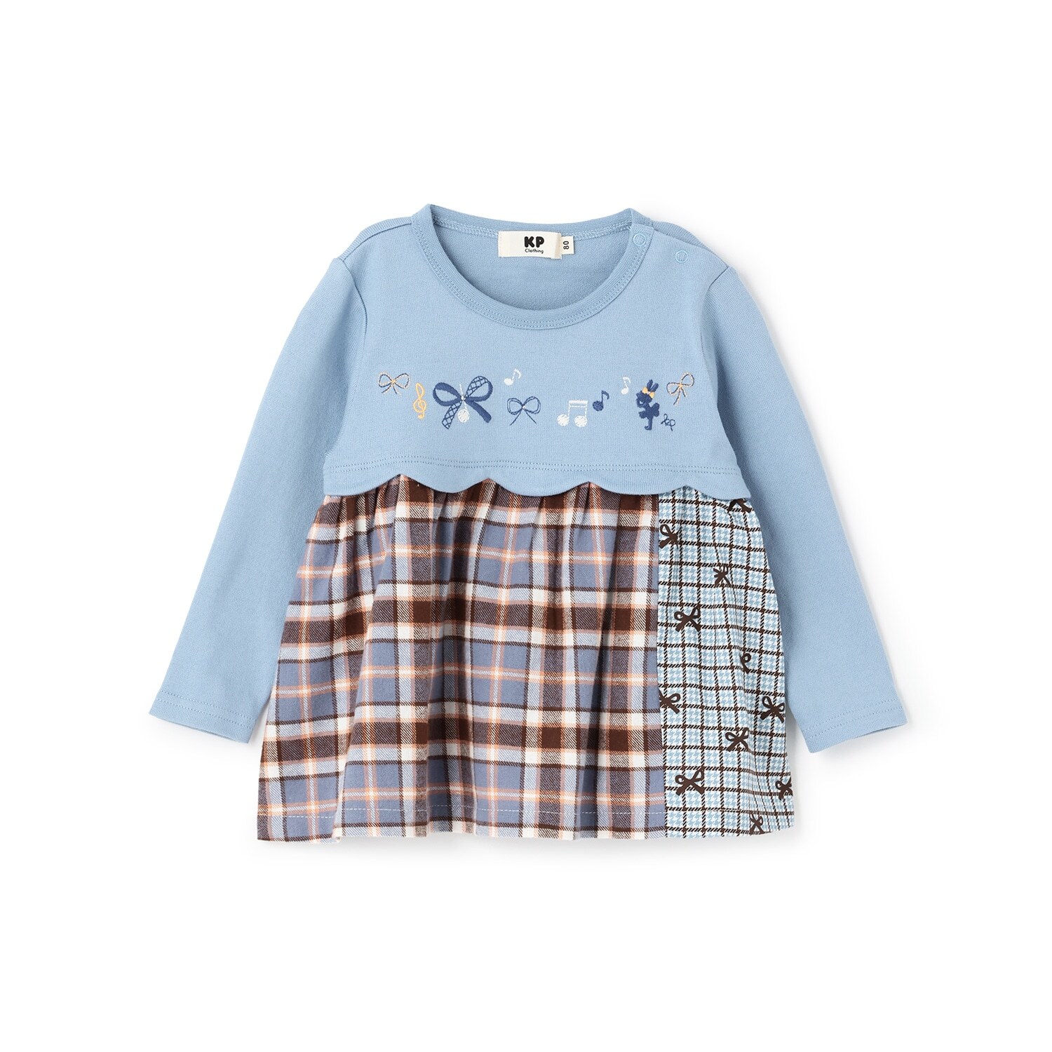 リボン×チェック スカラップ切り替え 長袖チュニック