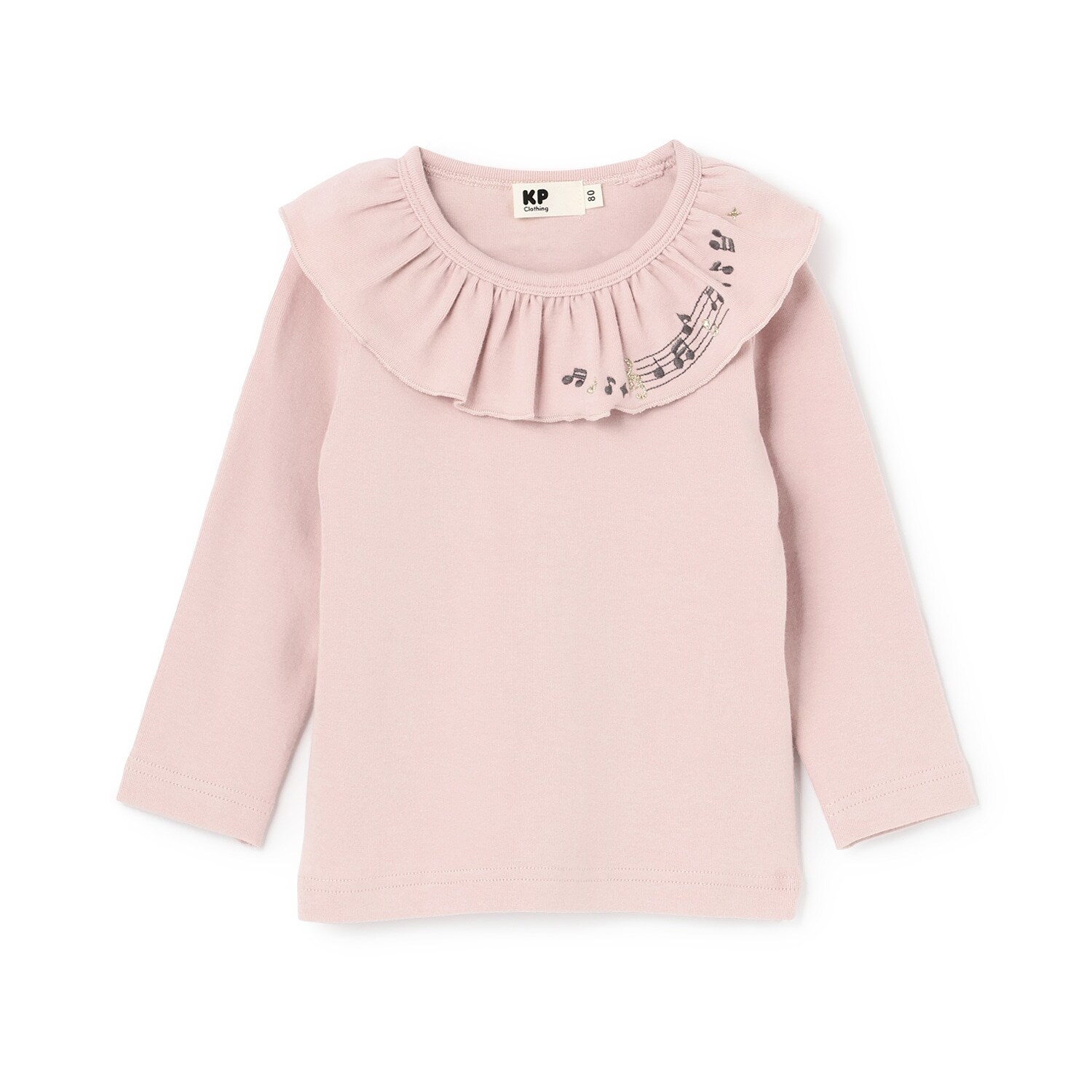 音符刺シュウ フリル衿フライス微起毛長袖Tシャツ