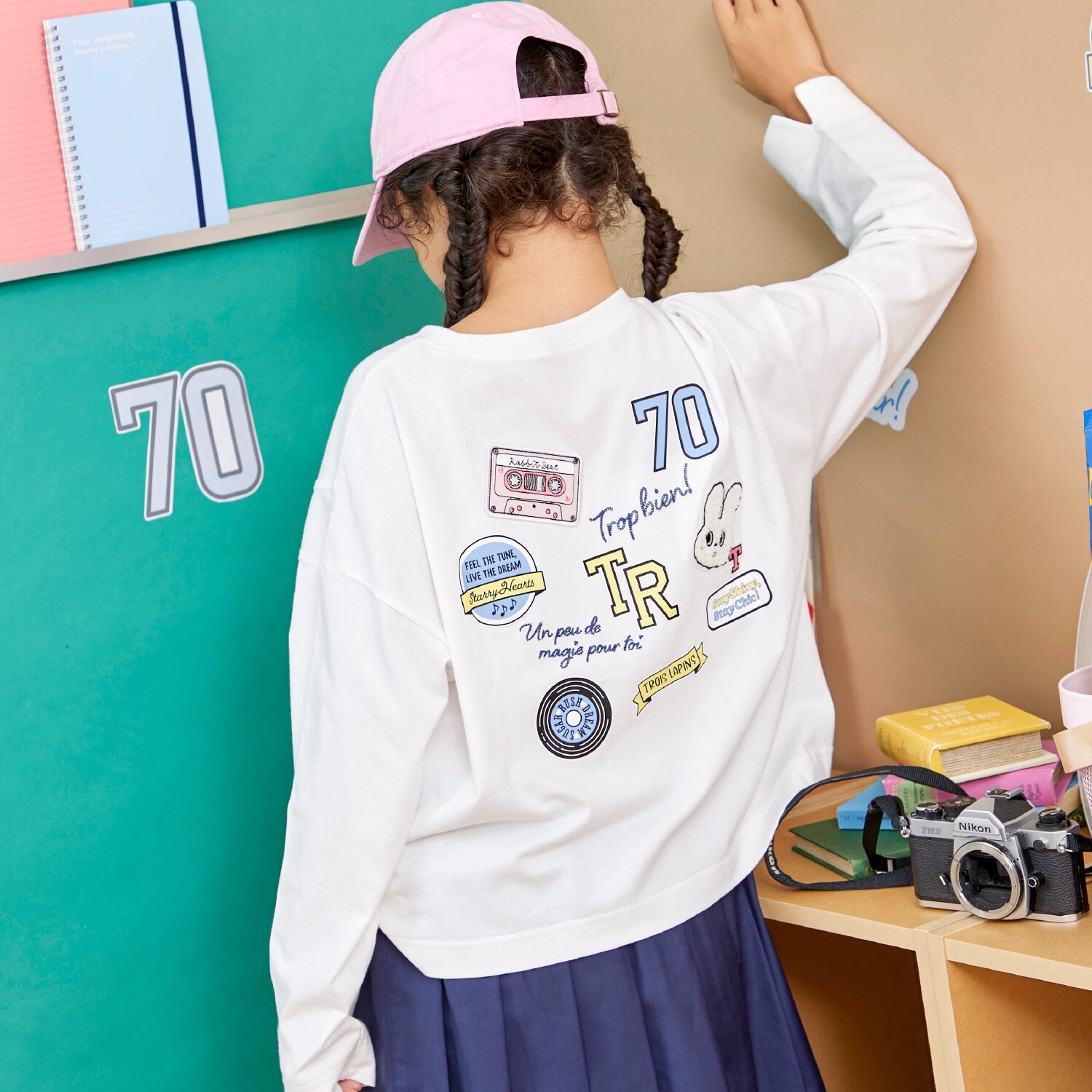 【Trois Lapins】 ワッペンデザイン 長袖Ｔシャツ