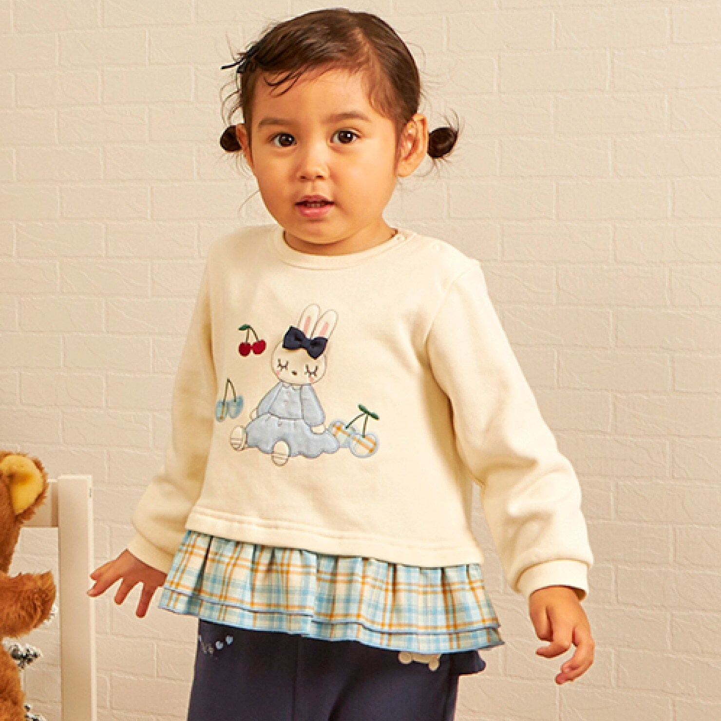 mimiちゃんアップリケ 先染チェック×裏毛トレーナー