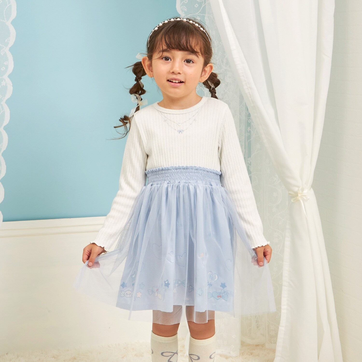 mimiちゃん刺しゅう ラメテレコ×チュール ワンピース