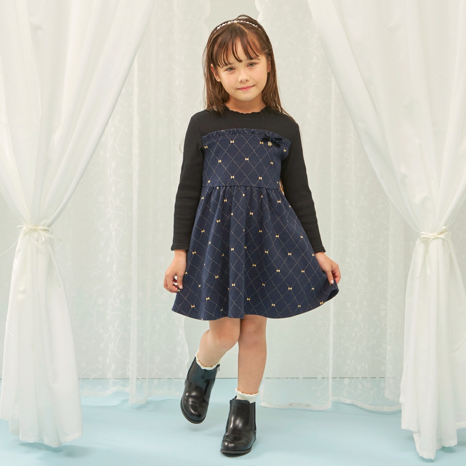 リボンチェックラメジャカード×テレコ ワンピース