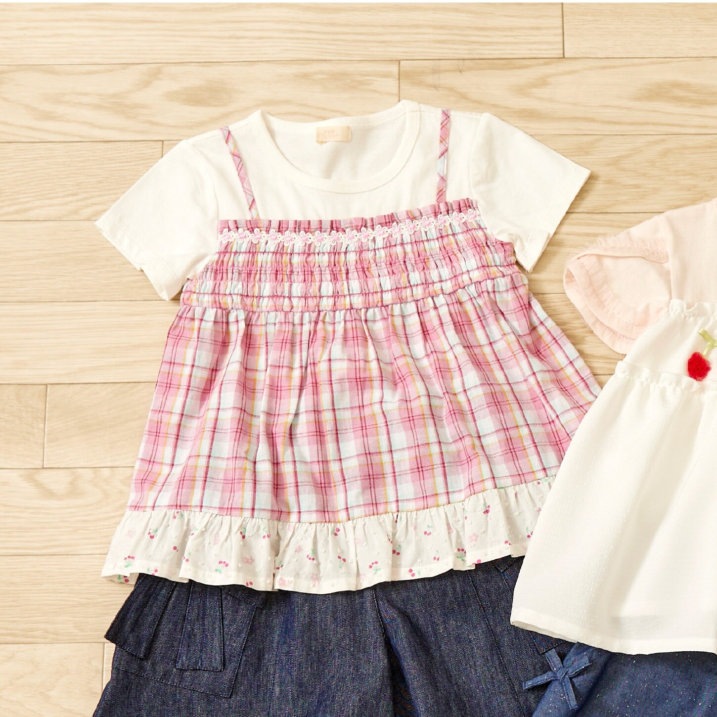 先染チェック レイヤード風半袖チュニック