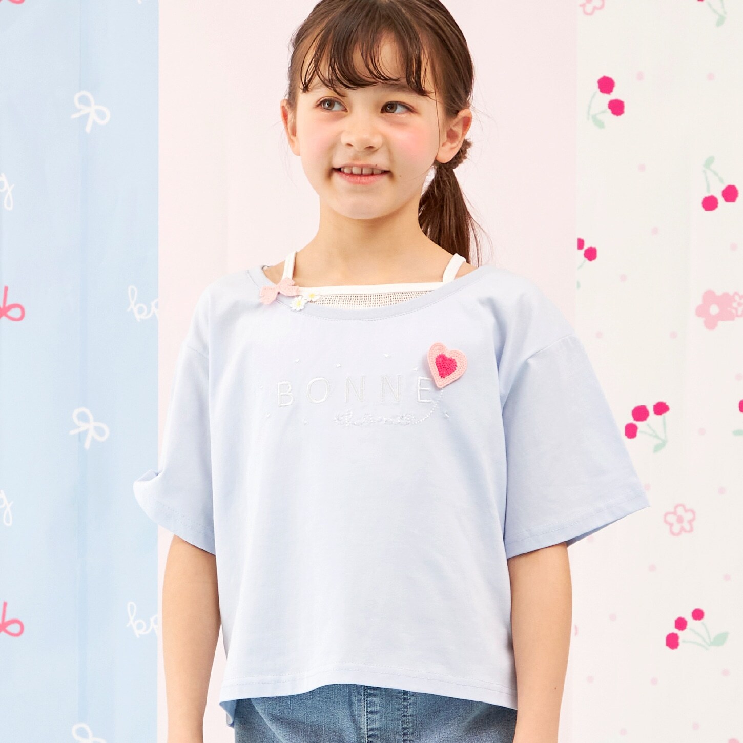 【Trois Lapins】 フェイクレイヤード 5分袖Tシャツ