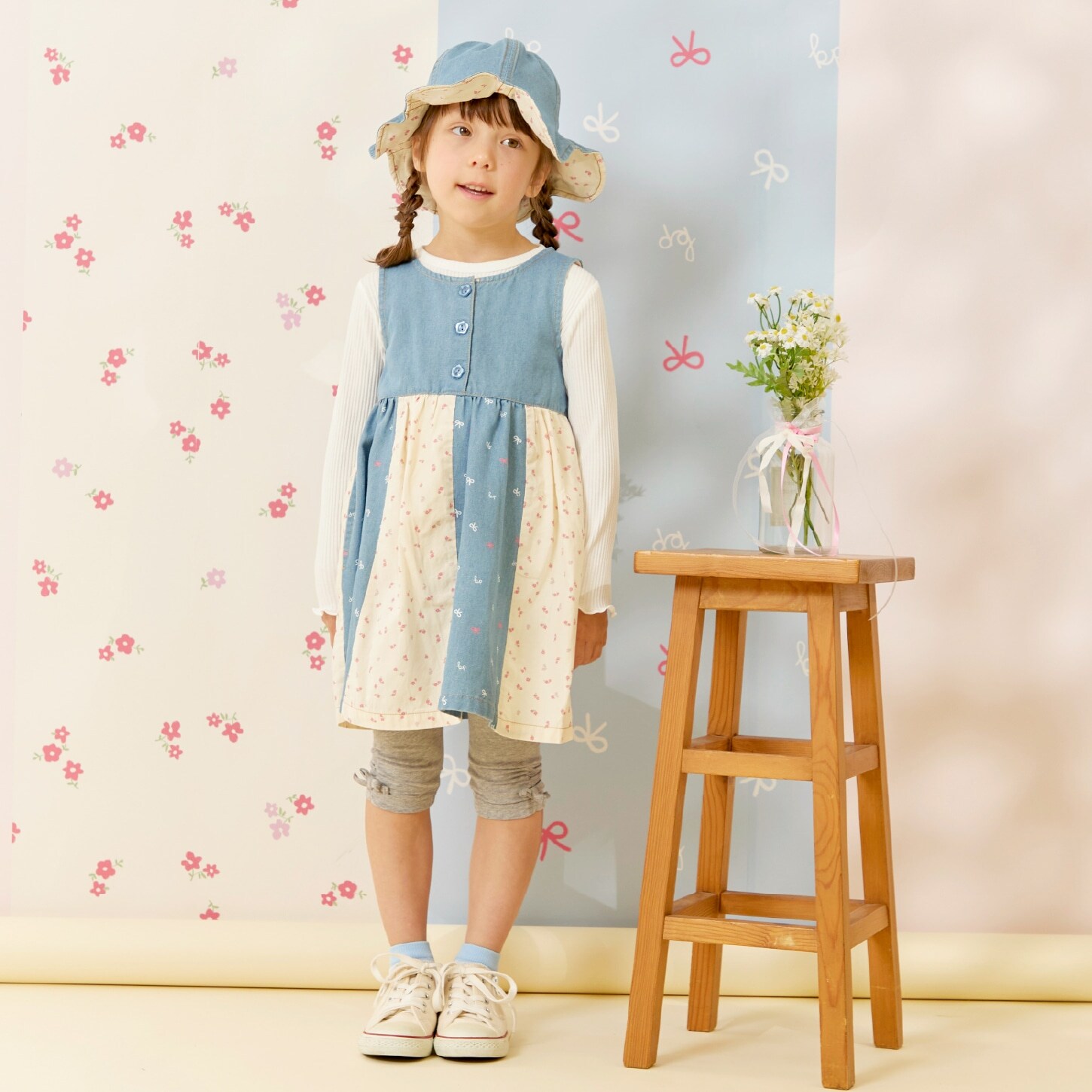 デニム総柄プリント ジャンパースカート