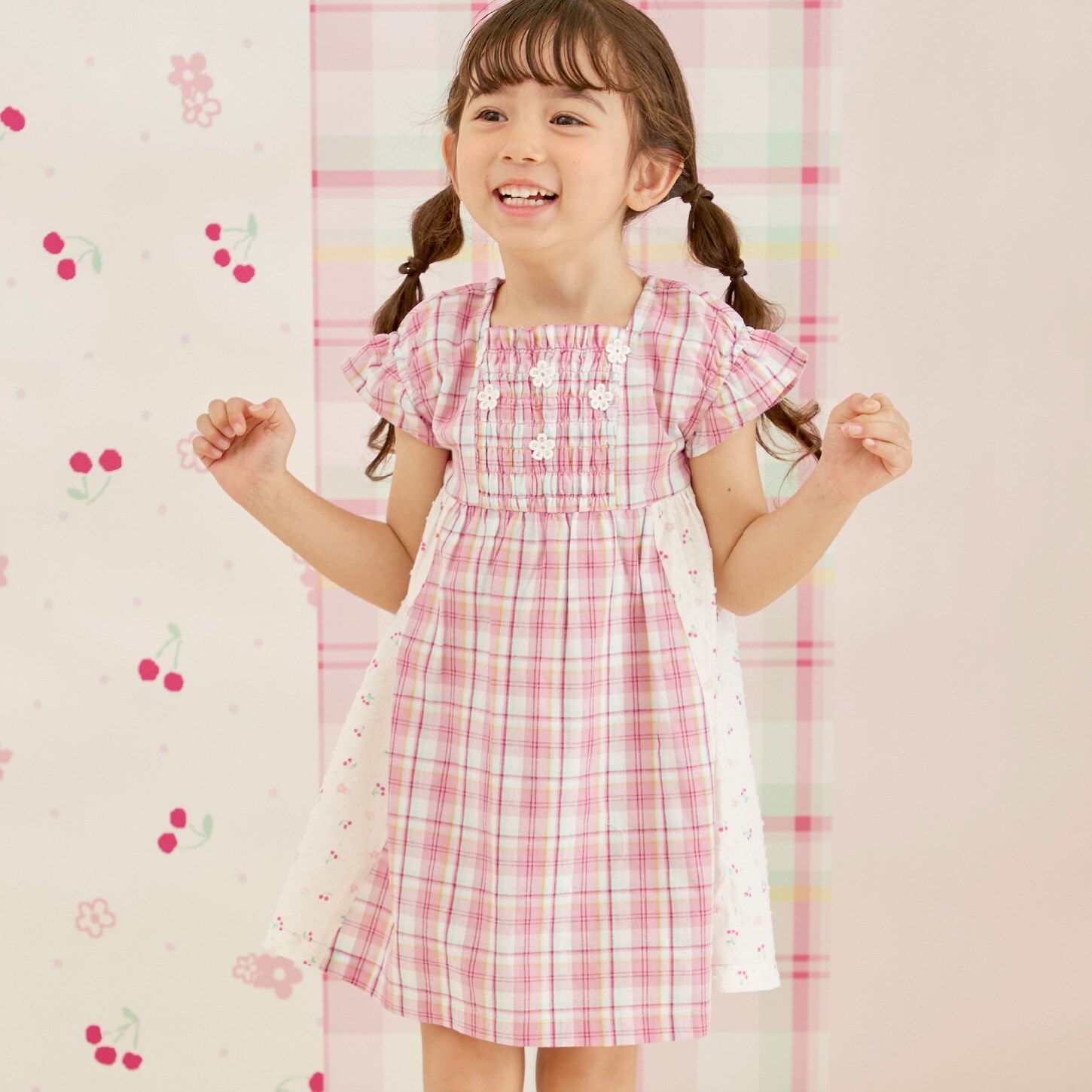 先染チェック×ドビー織プリント ワンピース