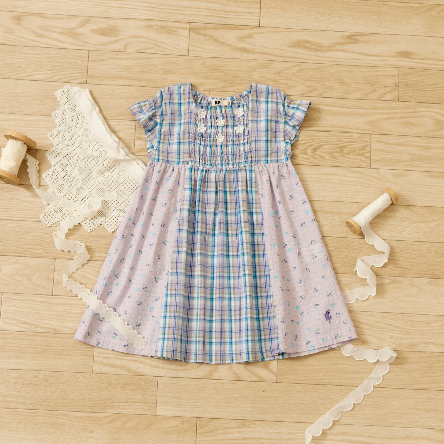 先染チェック×ドビー織プリント ワンピース