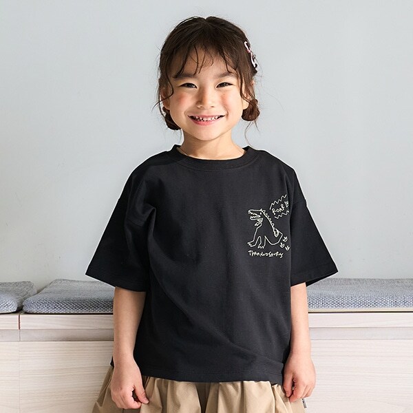 【綿100%】恐竜ステッチ刺しゅうワイド半T