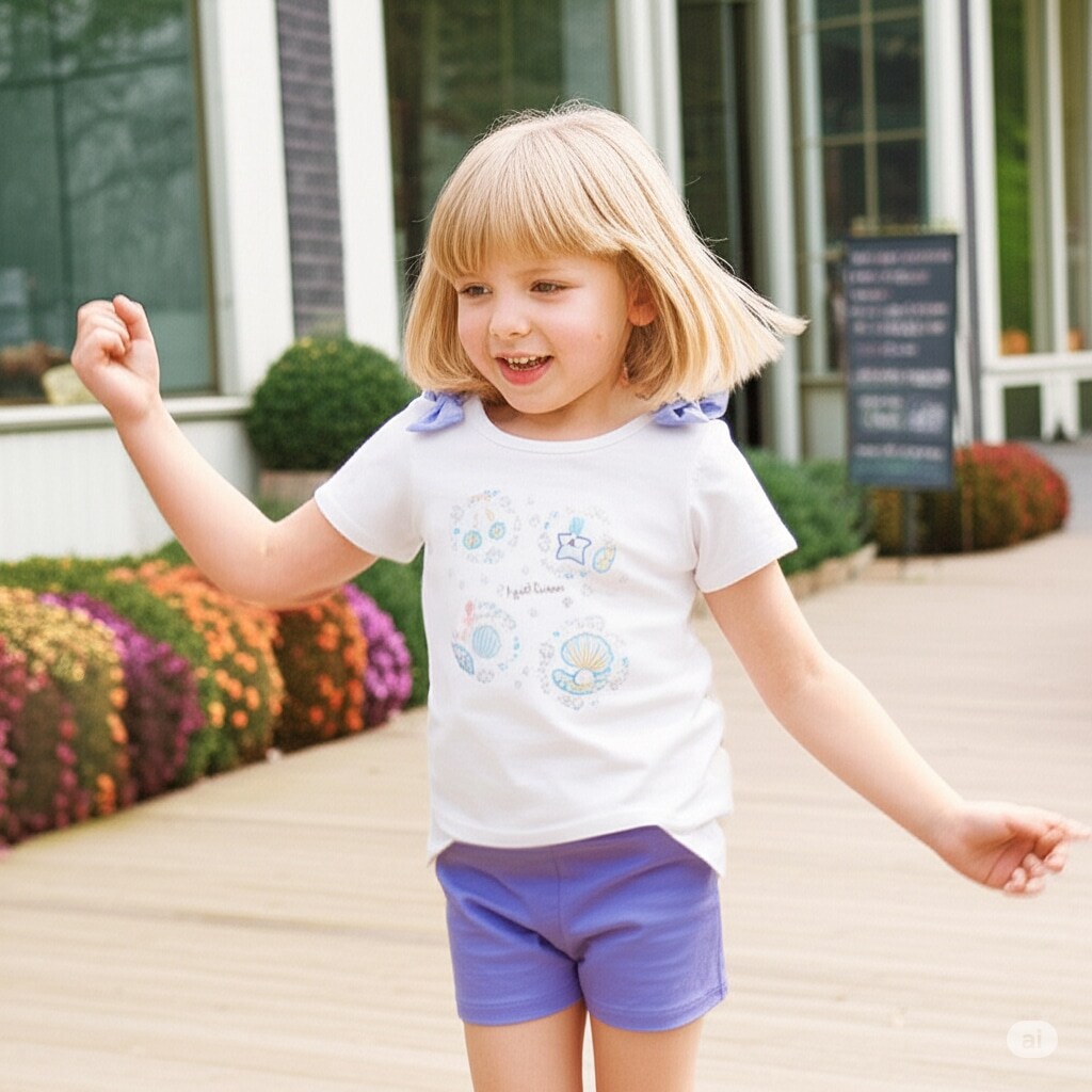 シェル刺しゅう肩開き半T