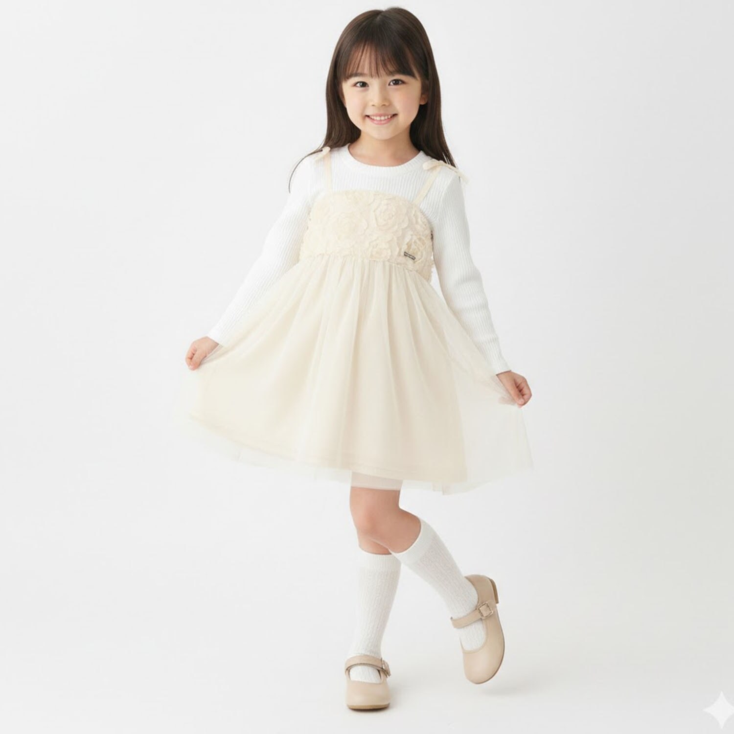 フラワーモチーフチュールドッキングワンピ