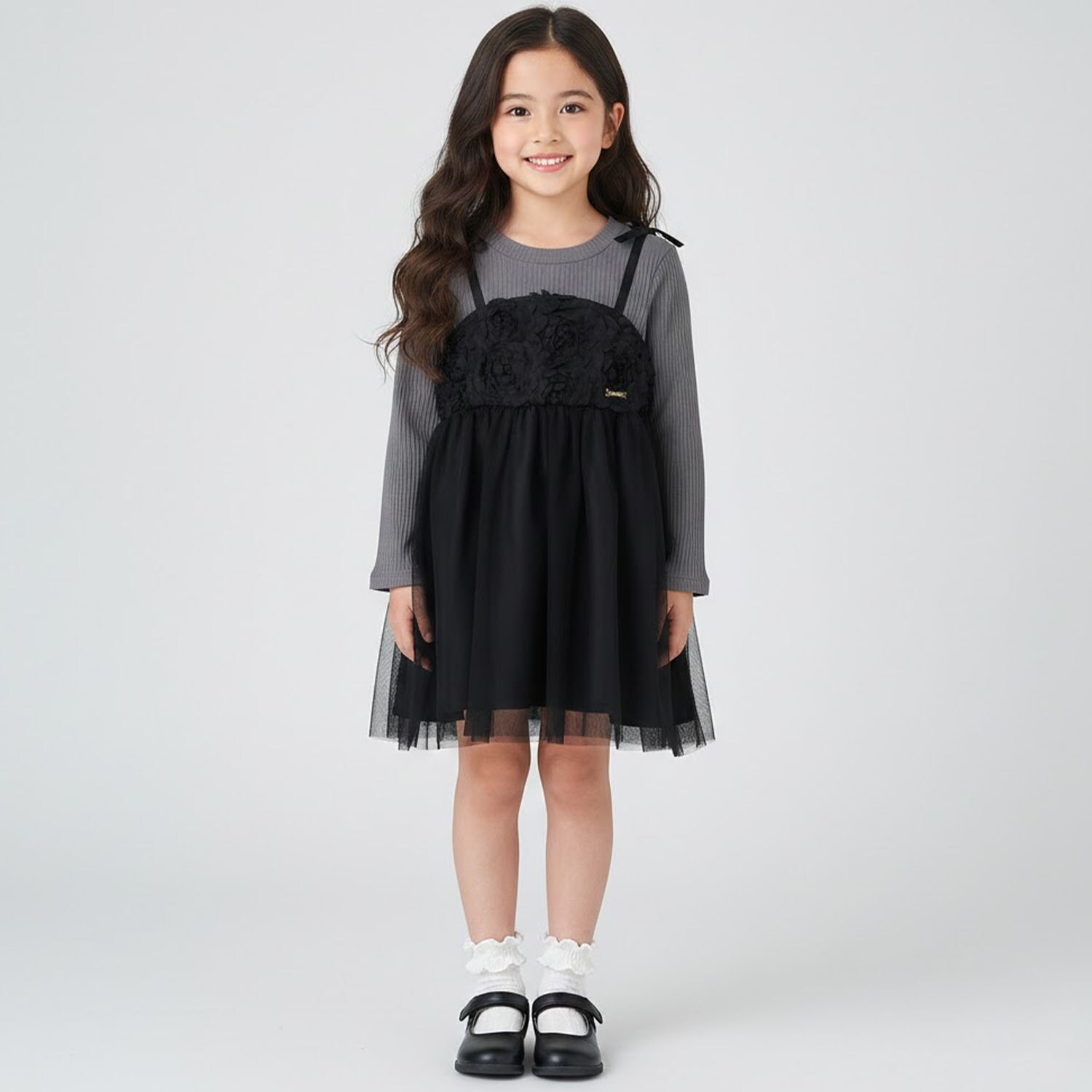 フラワーモチーフチュールドッキングワンピ