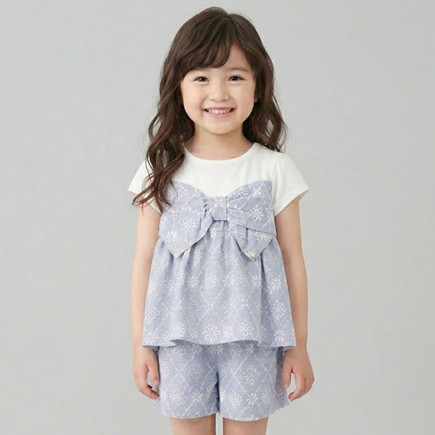 ギンガムチェック刺しゅうレースセットアップ