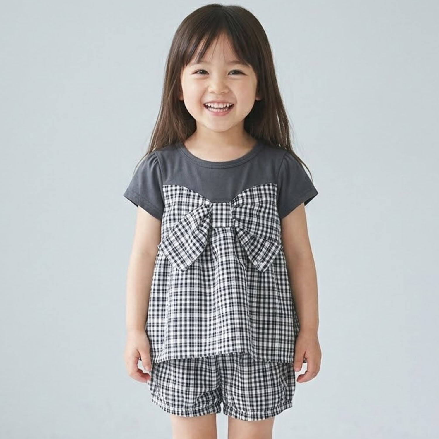 ギンガムチェック刺しゅうレースセットアップ