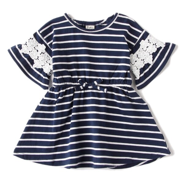 袖レースつきボーダー天竺ワンピース