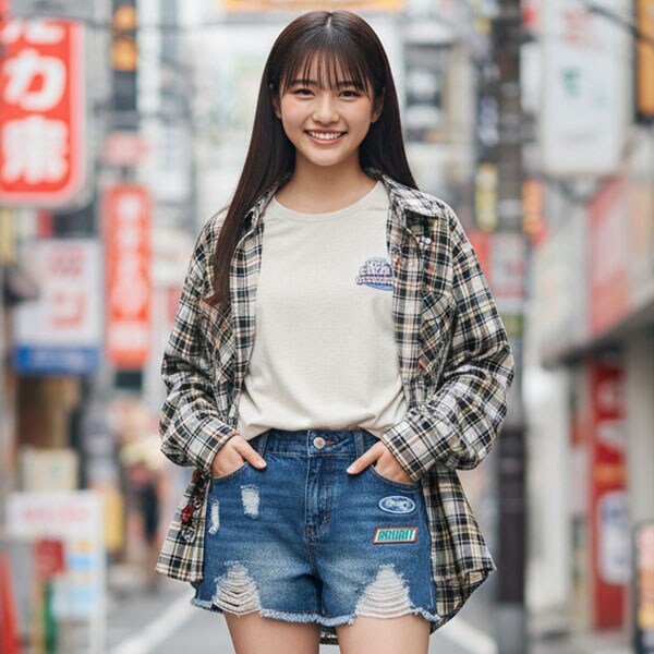 【エンジェルブルー】ルーズチェックシャツパーカー