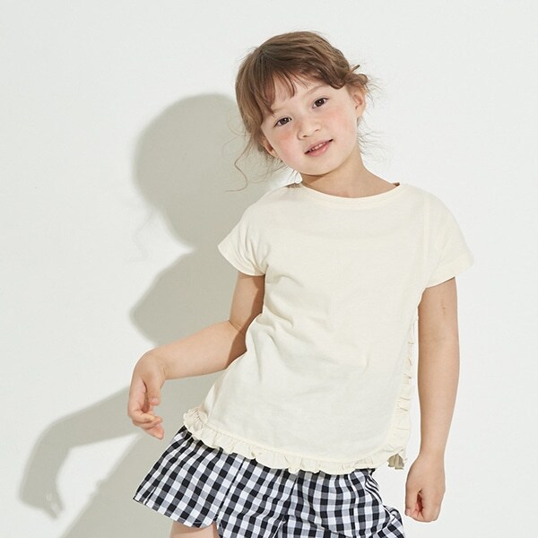 【型崩れしないやわらかコットン】フリル＆ギャザーデザインTシャツ
