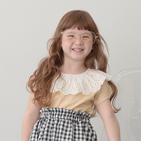 【型崩れしないやわらかコットン】ラウンドフリルコットンレース衿トップス