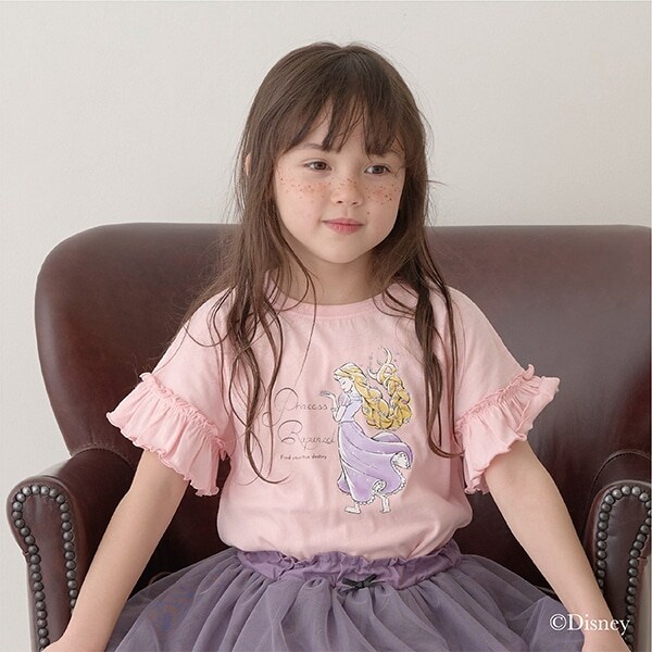 【DISNEYプリンセス】【型崩れしないやわらかコットン】マカロンフリルスリーブTシャツ