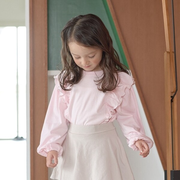 【型崩れしないやわらかコットン】前後どっちでもOK!フリル長袖Tシャツ