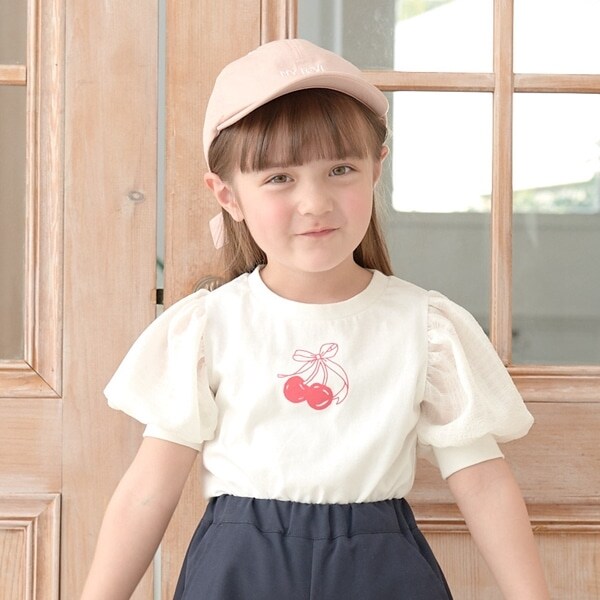 【型崩れしないやわらかコットン】シアースリーブリボンチェリートップス