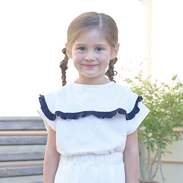 【型崩れしないやわらかコットン】フリルセーラーカラートップス