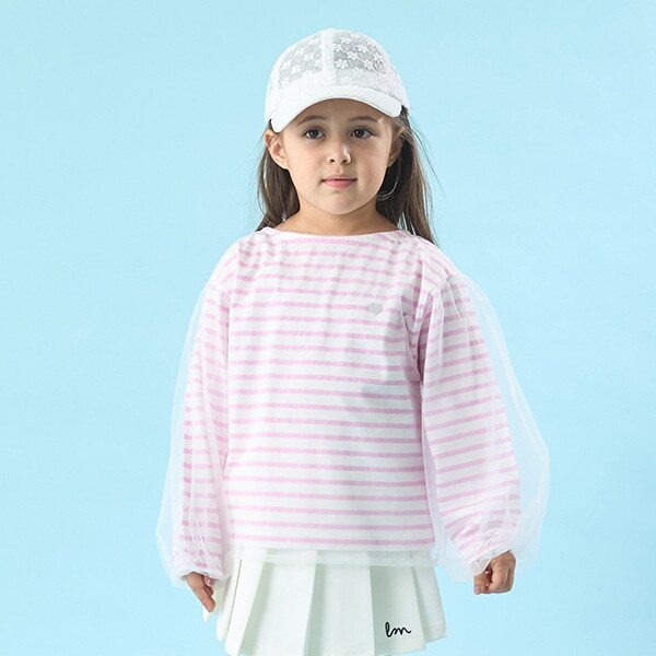 【ソフトコットン】チュール重ねボーダーボートネックTシャツ