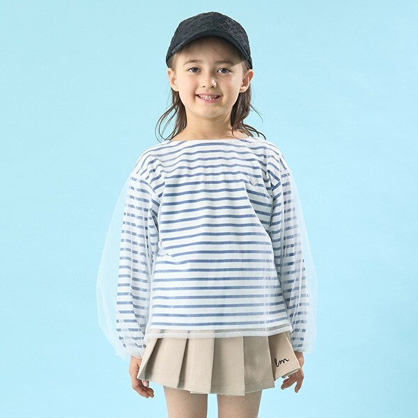 【ソフトコットン】チュール重ねボーダーボートネックTシャツ