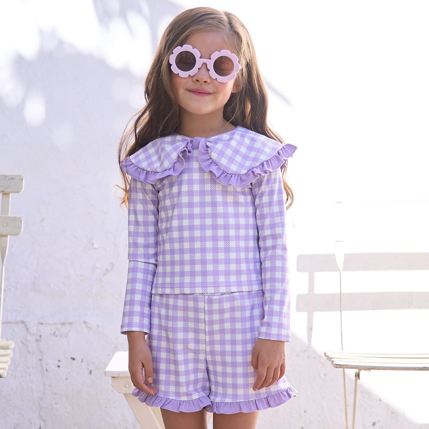 【SWIM】【UV加工】アソート総柄衿付きフリルラッシュガード＆パンツセット