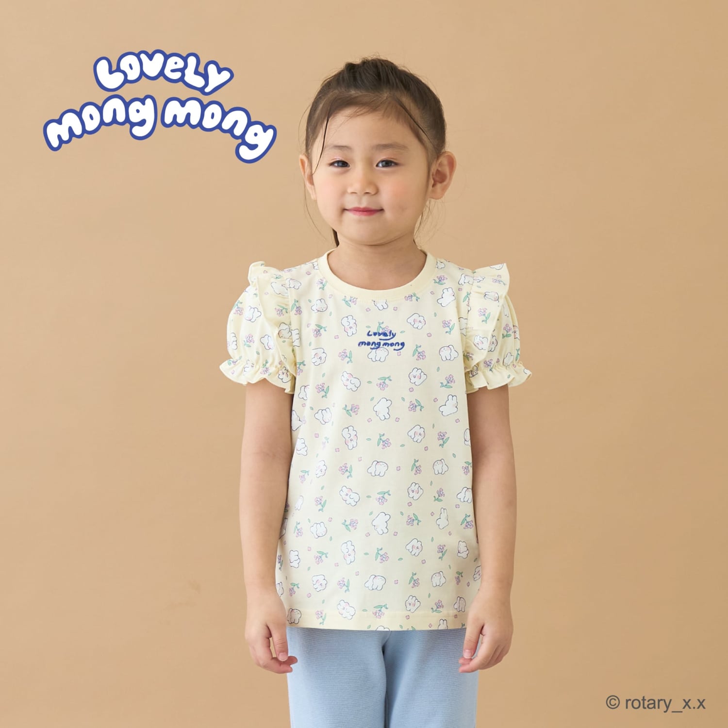 【綿100％】 【ラブリーモンモン】【速乾・UV・型崩れしない】パフスリーブ総柄プリントTシャツ