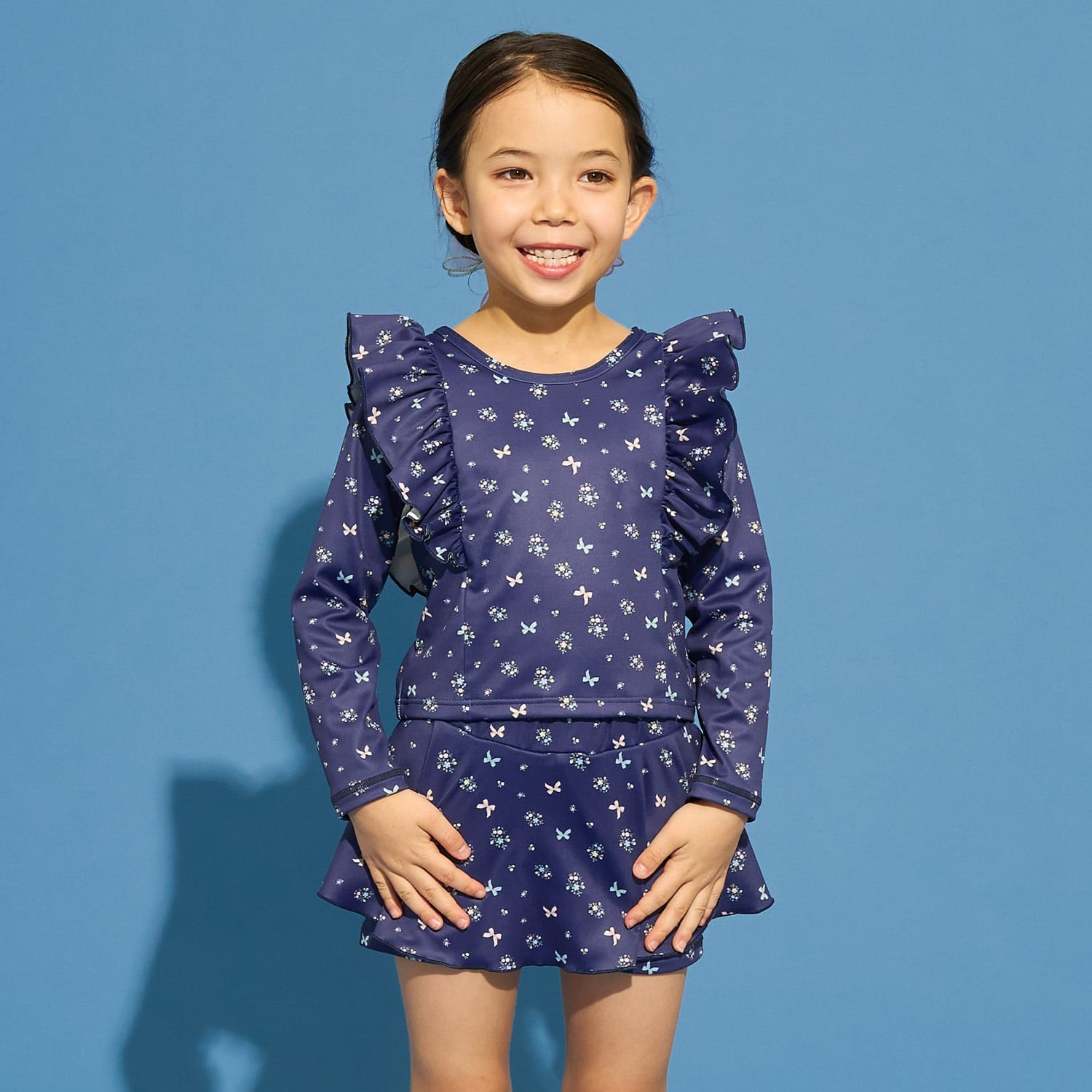 【SWIM】【UV カット】花柄フリルラッシュガード・スカパンセット