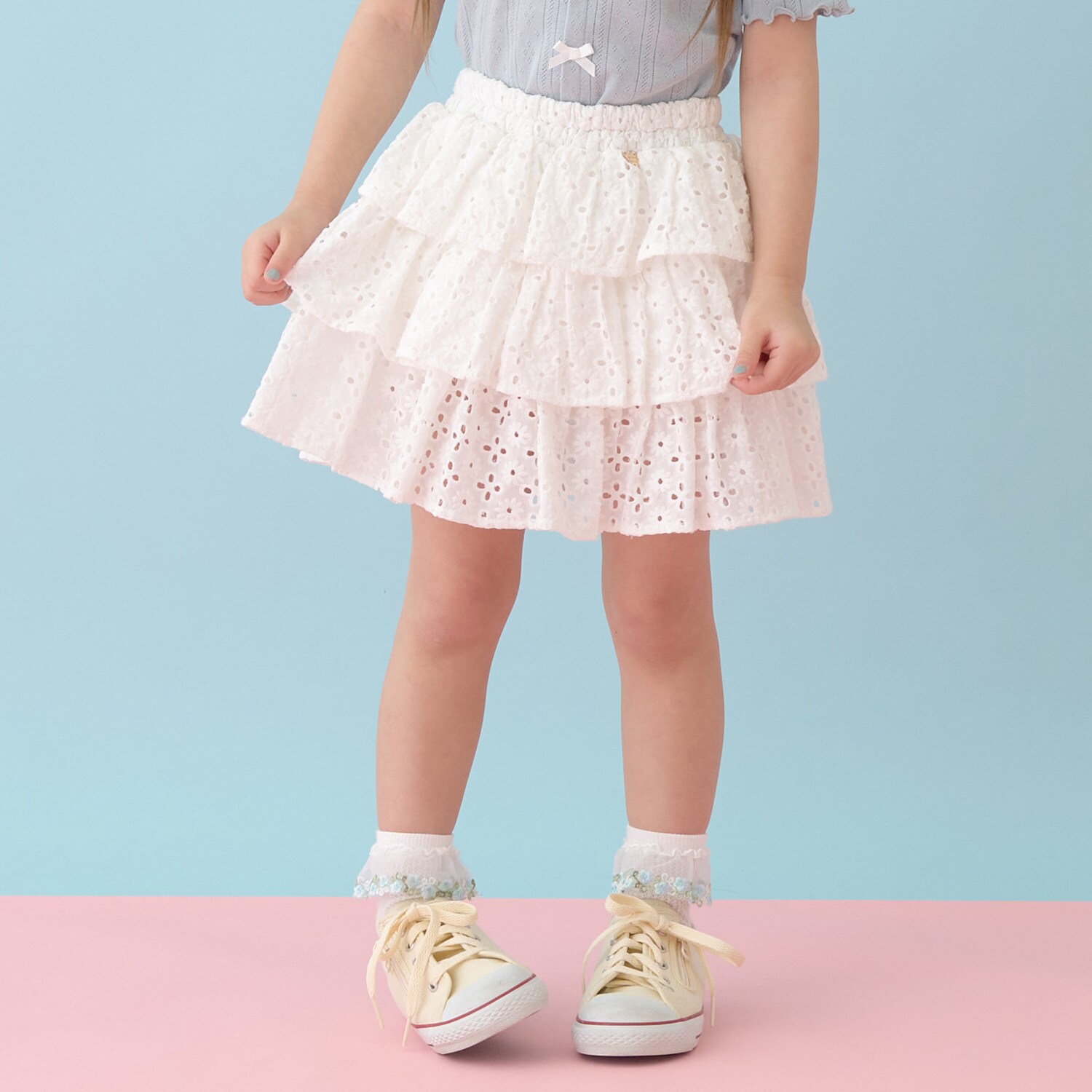 【綿100％】【セットアップ可能】コットンレースティアードスカート(インパン付)