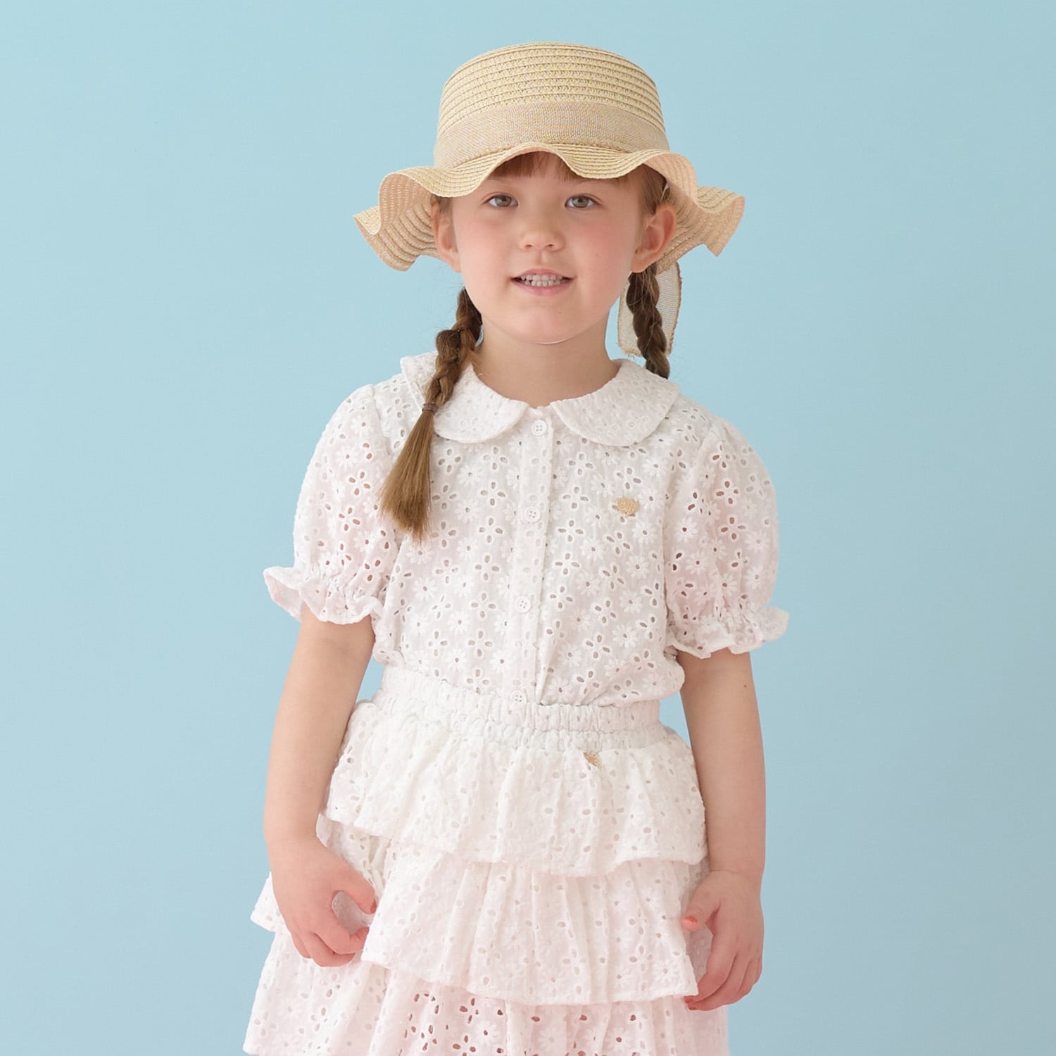 【綿100％】【セットアップ可能】コットンレースパフスリーブブラウス