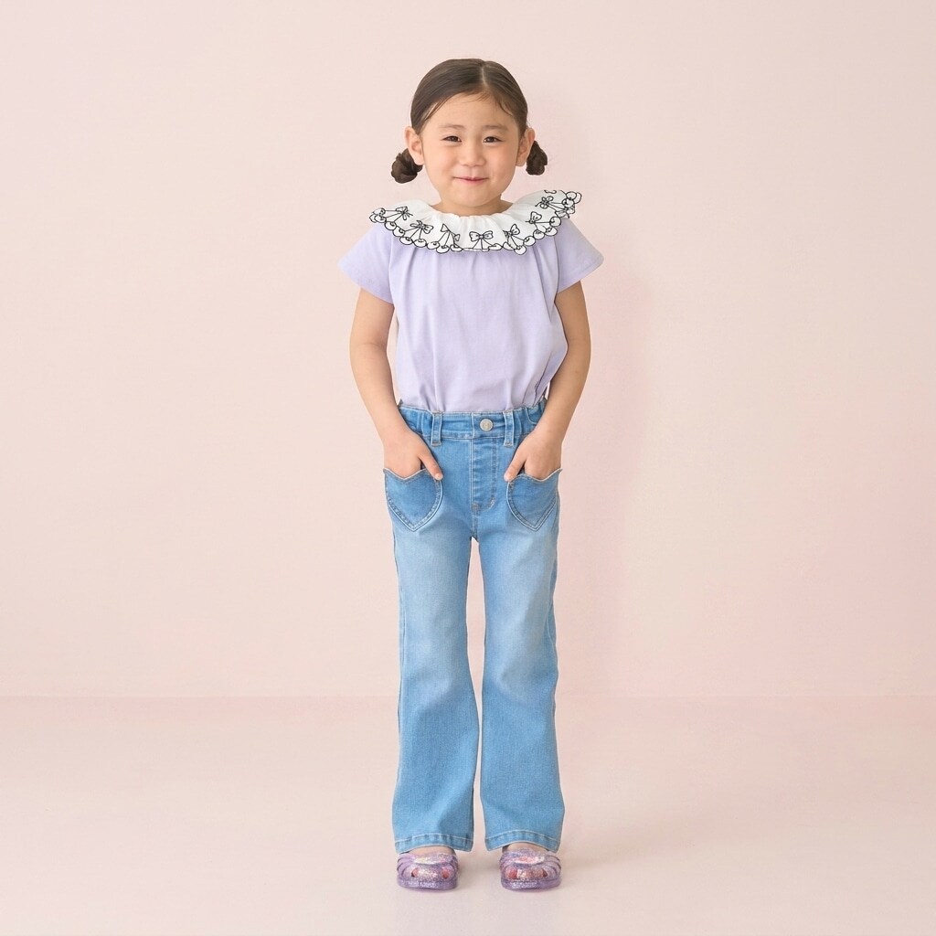 【綿100%】【シャーベットＴ】【UV・接触冷感・型崩れしない】【どちらがまえでもOK】チェリーレース衿Ｔシャツ【子供服】【キッズ】【女の子】
