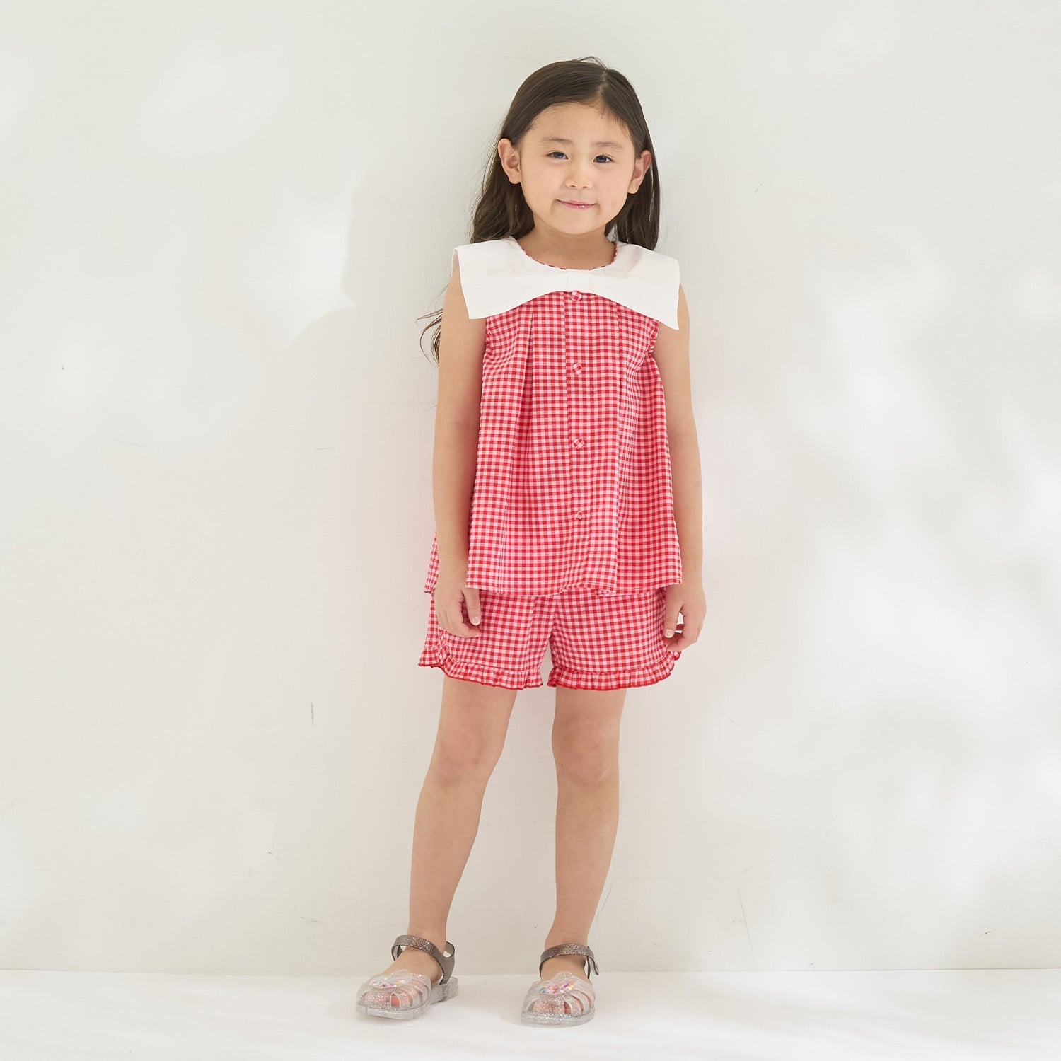 リボン衿つきブラウス・裾フリルハーフパンツセット